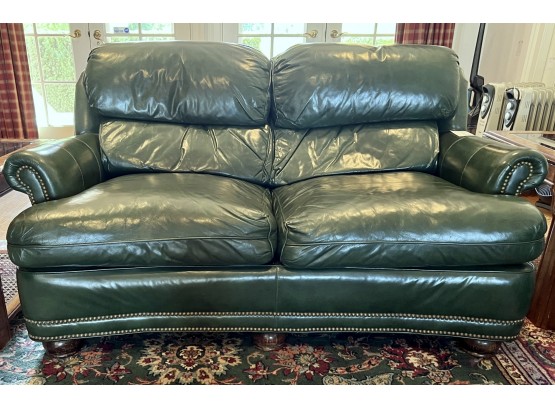 Hunter Green Genuine Leather Club Style Loveseat With Brass Nailhead Detail