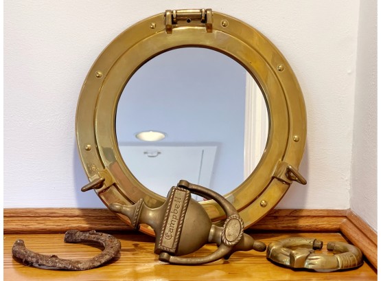 Brass Porthole Mirror And Assorted Vintage Door Knockers