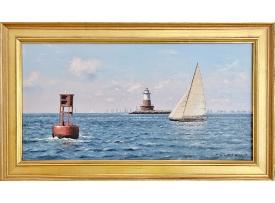 NEIL MCAULIFFE (Cape Cod, Contemporary), Seascape Oil On Canvas, Lower Fairfield County With NYC Skyline