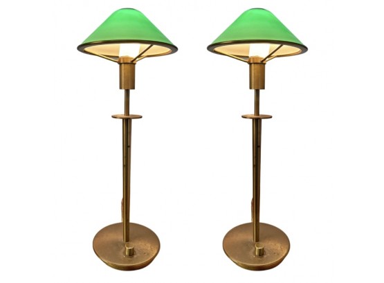 Pair Of Fine Brass Buffet Style Candlestick Lamps With Green Glass Shade