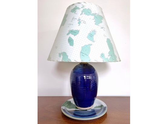 Cobalt Blue Ceramic Table Lamp And Hand Decorated Loon Plate