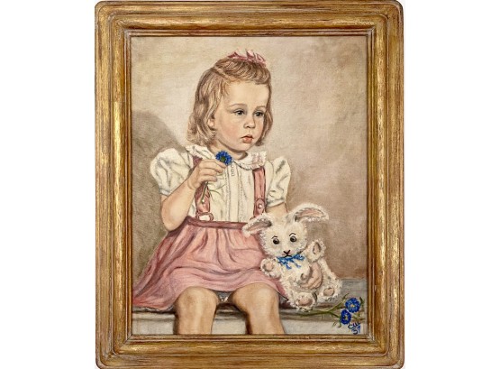 Vintage Portrait Oil Painting On Canvas - Girl Child With Toy Rabbit