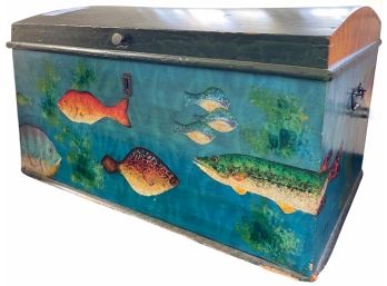 Fabulous Hand Painted Dome Top Blanket Chest With Fish Motif