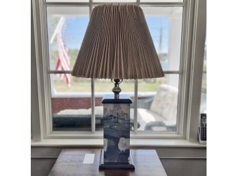 Hand Decorated Blue Toile Sheep Motif Table Lamp With Ruched Bell Shade