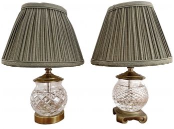 Pair Of Brilliant Cut Waterford Crystal Lamps With Ruched Fabric Shades