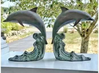 Pair Of Bronzed Dolphin Riding Wave Bookends