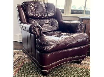 Dark Wine Button Tufted Leather Club Chair With Brass Nailhead Detail