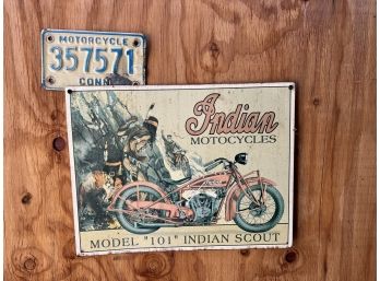 Vintage Indian Motorcycle Sign And CT License Plate
