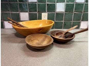 Set Of 3 Stunning Natural Wood Hand Carved Salad Bowls And Serving Utensils