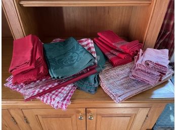 Assorted Fabric Table Linens, Red And Green Color Scheme