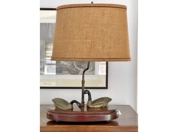 Vintage Lamp With Brass Canadian Geese And Burlap Drum Shade