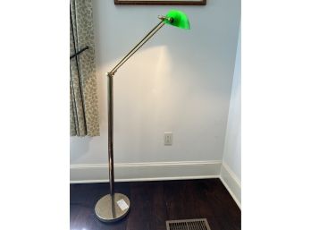 Awesome Mid-century Brass Floor Standing Task Lamp With Frosted Green Glass Shade