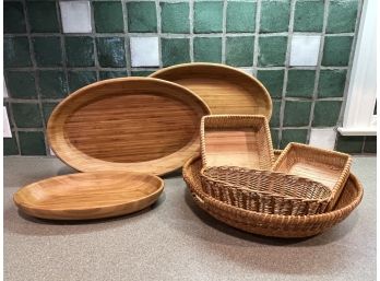 Mid-century Modern Natural Bamboo Serving Trays & Woven Baskets