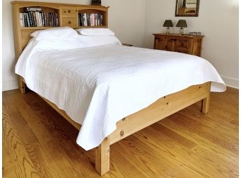 Queen Size Knotty Pine Platform Bed With Bookshelf Headboard