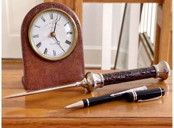 Parker Writing Pen, Leather Handled Letter Opener & John Moore Leather Desk Clock