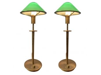 Pair Of Fine Brass Buffet Style Candlestick Lamps With Green Glass Shade