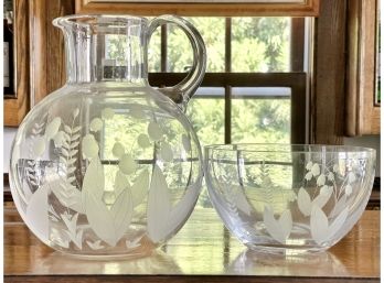 Tiffany & Co. Lily Of The Valley Etched Glass Pitcher And Matching Bowl Set