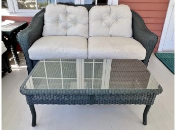 Country Farmhouse Hunter Green Wicker Loveseat And Glass Top Coffee Table