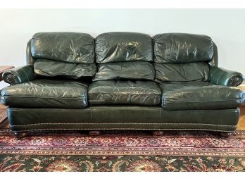Forest Green Leather Roll Arm Sofa With Nailhead Accents