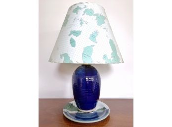 Cobalt Blue Ceramic Table Lamp And Hand Decorated Loon Plate