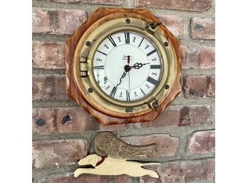 Vintage Reproduction Porthole Wall Clock With Roman Numerals & Labrador Angel Ornament