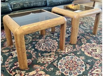 Pair Of Mid-century Oak Glass Top End Tables