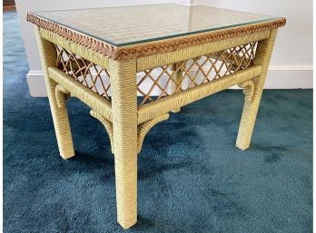 Small Natural Wicker Side Table With Glass Top Inlay