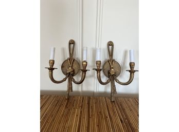 A Pair Of Louis XVI Style Knot And Tassel 2 Light Wall Sconce In French Gold Finish