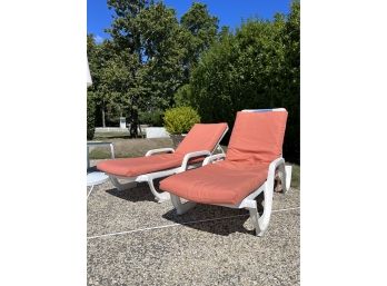 Pair Of Composite White Plastic Loungers With Orange Cushion