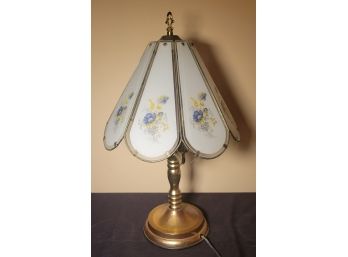 Brass Base Lamp.  Glass Shade With Blue Flowers
