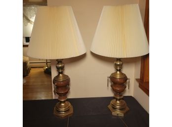 Pair Of Heavy Base Wood And Brass Lamps