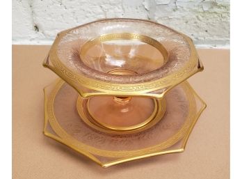 Antique Pink & Gold Crystal Footed Bowl With Matching Plate