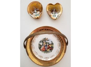 Antique Brass 22 Carrat W. S. George Plate, USA Paired With Vintage Handpainted Trinket Holders
