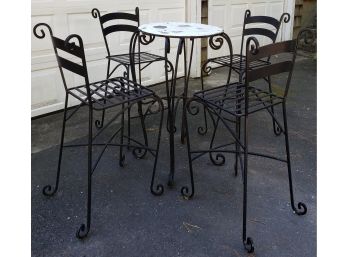 Bistro High Top With Marble Mosaics And Four Wrought Iron Chairs