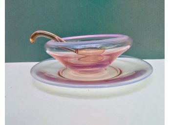 Fabulous Iridescent Pink Glass Bowl And Plate With Spoon From Victorian Period?