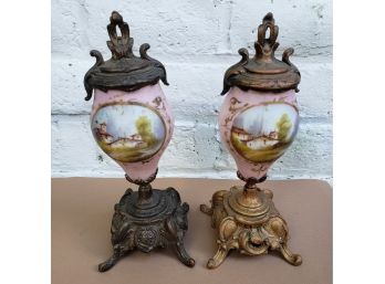Antique Porcelain Mounted Urns With Painted Pastoral Scene