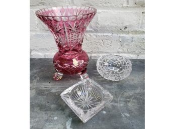 Pink Crystal Vase From Germany Paired With Crystal Ashtray And Bowl