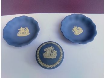 3 (Lavender) Blue Jasperware  Wedgewood  2 Ruffled Trinket Dishes & 1) Small Covered Jewelry Box