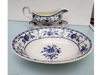 Indies Pattern By The Johnson Brothers Of England, Gravy Boat & Plate, Serving Bowl