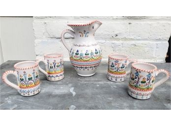 Hand Painted Pottery From Portugal  Cheerful Design On Pitcher And 4 Mugs