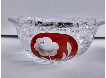 Etched Ruby Red Cut Glass Bowl