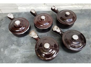 Five Vintage Brown Drip Glazed Soup Bowls With Handle And Lid