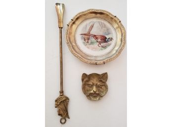 Antique Bird Plate (maker Illegible) Paired With Brass Cat Mini Plate & Brass Shoe Horn