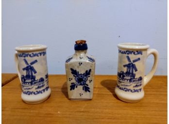 Two Mini Vintage Delft Mugs And Little Delft Vase With Cork