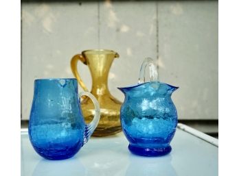 Blue Glass Pitcher And Vase With Yellow Pitcher