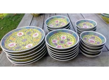 Vintage Chinese Yellow Mun Shou Longevity Porcelain Bowls & Plates