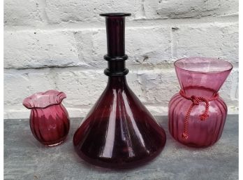 Trio Of Purple/pink Glass Vases