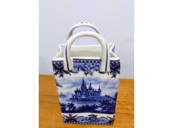 Vintage Hand Painted Ceramic Basket Blue And White Castle Floral W/handles