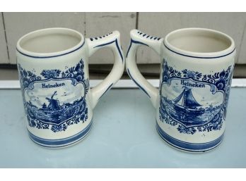 Two Blue Delft Hand Painted Heineken Beer Mugs From Holland