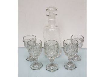 Vintage Set Of Five Crystal Wine Glasses And Crystal Decanter